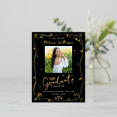 Black Doodles Graduation Save Date Photo Real Gold Folie Uitnodiging Briefkaart (Staand Voorkant)