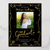Black Doodles Graduation Save Date Photo Real Gold Folie Uitnodiging Briefkaart (Voorkant)