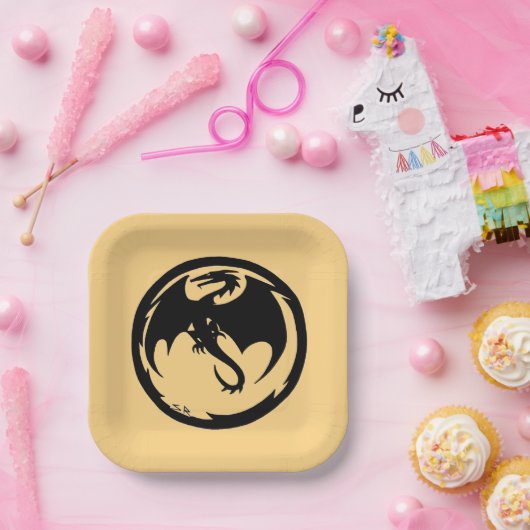 Black Dragon gouden vierkante papieren borden Papieren Bordje (Feest)