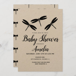 Black Dragonflies Rustic Baby shower Uitnodiging