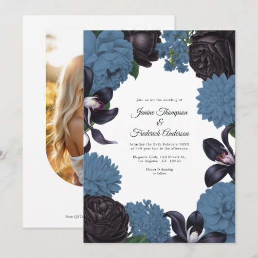 Black & Dusty Blue Photo/QR Code Floral Wedding Kaart (Voorkant / Achterkant)