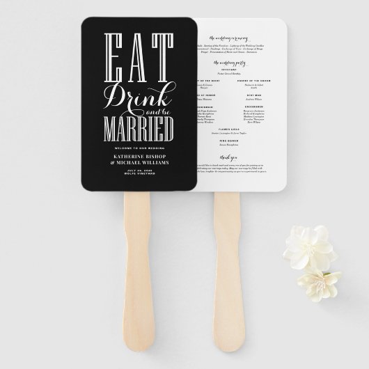 Black Eat Drink and Be Married Wedding Program Handwaaier (Voorkant en achterkant)