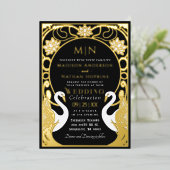 Black Elegant Art Nouveau Swans Wedding Invitation Folie Uitnodiging (Staand Voorkant)