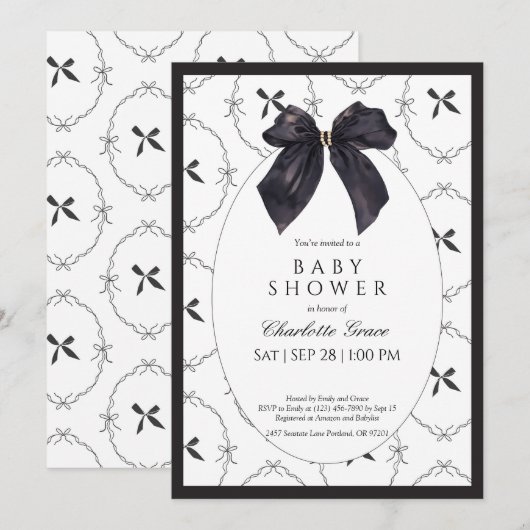 Black Elegant Bow Baby shower Uitnodiging (Voorkant / Achterkant)