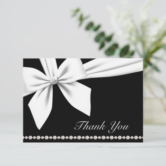 Black Elegant Bow & Pearl Fancy Carte de remerciem (Debout devant)