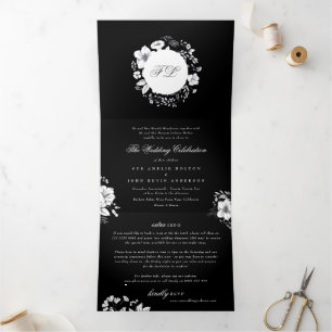 Black Elegant Calligraphy Monogram Floral Wedding Drieluik Uitnodiging