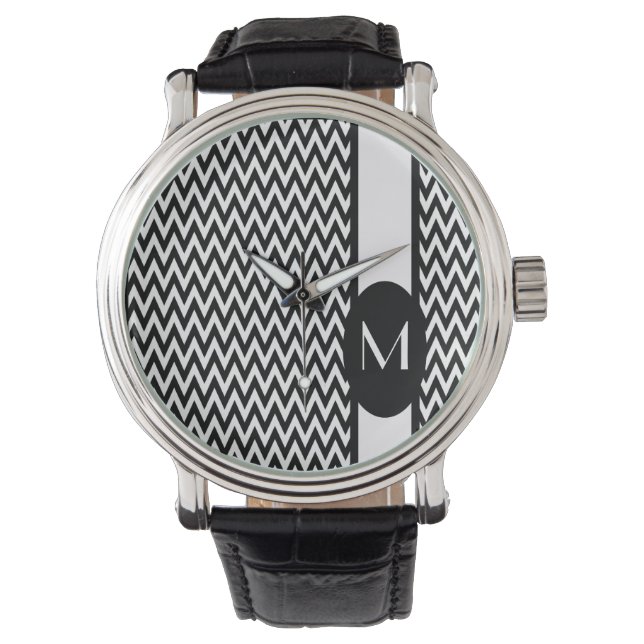 Black Elegant Chevron Design met monogram Horloge (Voorkant)
