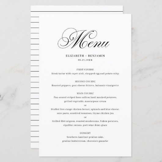 Black Elegant Flourish Script Wedding Menu Card (Voorkant / Achterkant)