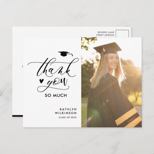 Black Elegant Script Photo Afstuderen Bedankt Briefkaart (Voorkant / Achterkant)