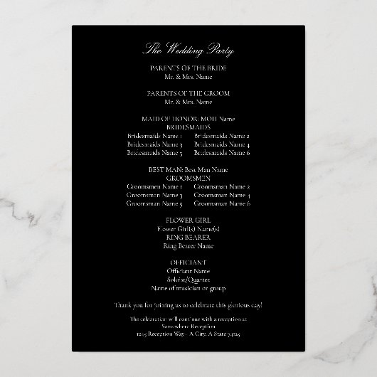 Black Elegant Wedding Ceremony Programme (Verso)