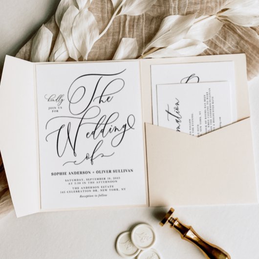 Black Elegant Whimsical Calligraphy Wedding Kaart