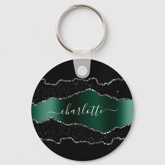 Black emerald green agate marmer name script sleutelhanger (Voorkant)