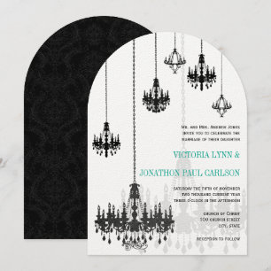 Black Emerald Green Damask Chandeliers Wedding Kaart