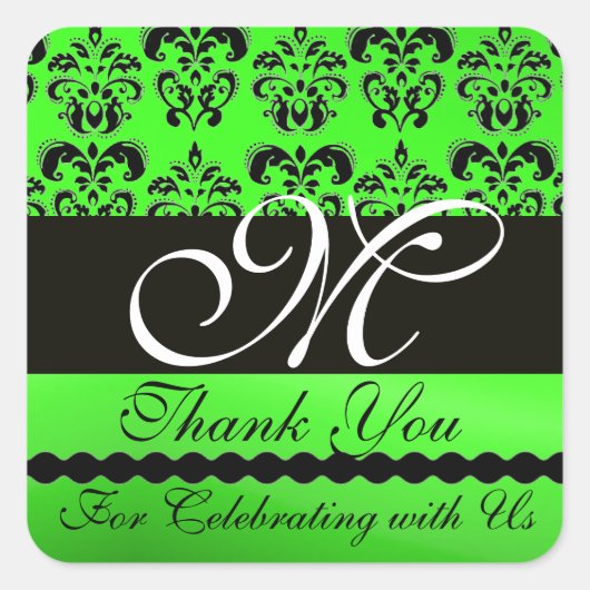 BLACK EMERALD GREEN DAMASK MONOGRAM Dank u Vierkante Sticker (Voorkant)