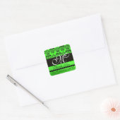 BLACK EMERALD GREEN DAMASK MONOGRAM Dank u Vierkante Sticker (Envelop)