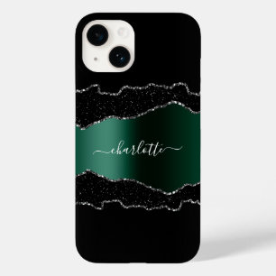 Black emerald green metal agate marmer name script Case-Mate iPhone 14 hoesje