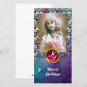 BLACK EN BLUE DAMASK Red Ruby Monogram Feestdagenkaart (Voorkant / Achterkant)
