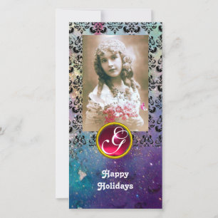 BLACK EN BLUE DAMASK Red Ruby Monogram Feestdagenkaart
