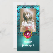 BLACK EN BLUE DAMASK Red Ruby Monogram Feestdagenkaart (Voorkant)