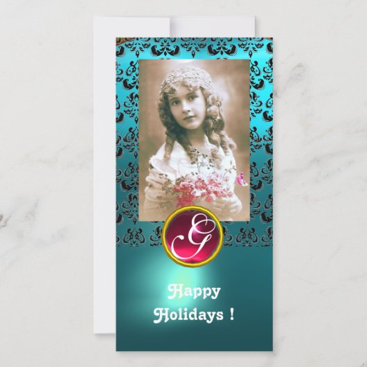 BLACK EN BLUE DAMASK Red Ruby Monogram Feestdagenkaart (Voorkant)