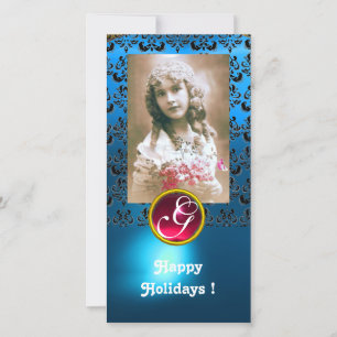 BLACK EN BLUE DAMASK Red Ruby Monogram Feestdagenkaart