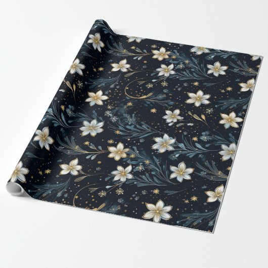 Black en Gold Floral Cadeaupapier (Uitgerold)