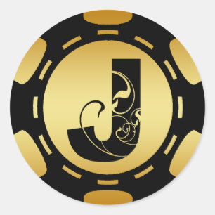 BLACK EN GOLD MONOGRAM LETTER J POKER CHIP RONDE STICKER