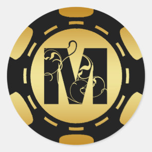 BLACK EN GOLD MONOGRAM LETTER M POKER CHIP RONDE STICKER