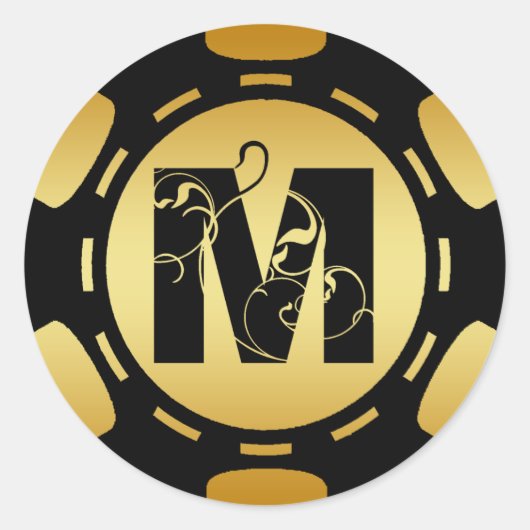 BLACK EN GOLD MONOGRAM LETTER M POKER CHIP RONDE STICKER (Voorkant)