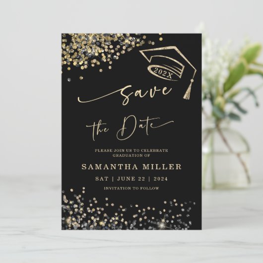 Black en Gold Save the Date Afstuderen Kaart (Staand voorkant)