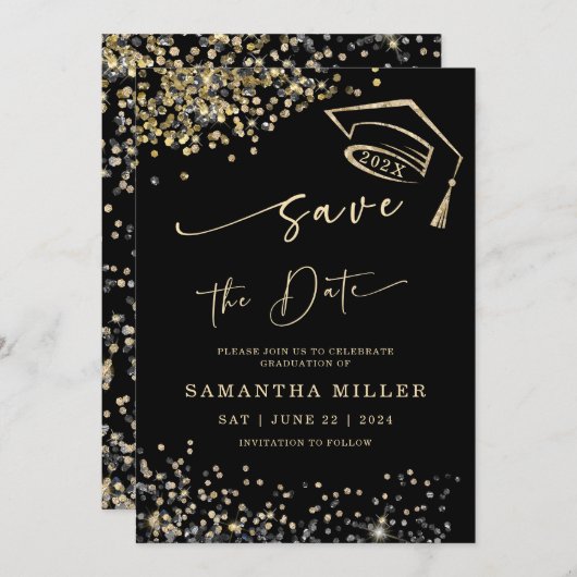 Black en Gold Save the Date Afstuderen Kaart (Voorkant / Achterkant)