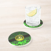 BLACK EN GREEN DAMASK Yellow Topaz Monogram Zandsteen Onderzetter (Zijkant)