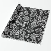 Black en Metallic Silver Floral Damaskers Cadeaupapier (Uitgerold)