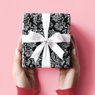 Black en Metallic Silver Floral Damaskers Cadeaupapier