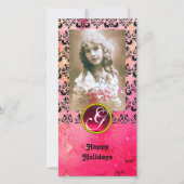 BLACK EN PINK DAMASK Red Ruby Monogram Feestdagenkaart (Voorkant)