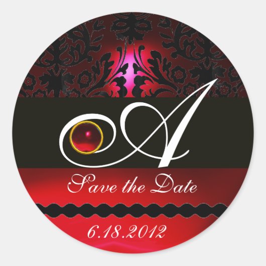 BLACK EN RED BURGUNDY DAMASK MONOGRAM, Ruby Ronde Sticker (Voorkant)