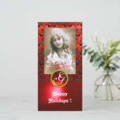 BLACK EN RED DAMASK Ruby Monogram Feestdagenkaart (Staand voorkant)