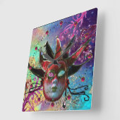 BLACK EN RED JESTER MASK Blue Masquerade Party Vierkante Klok (Hoek)