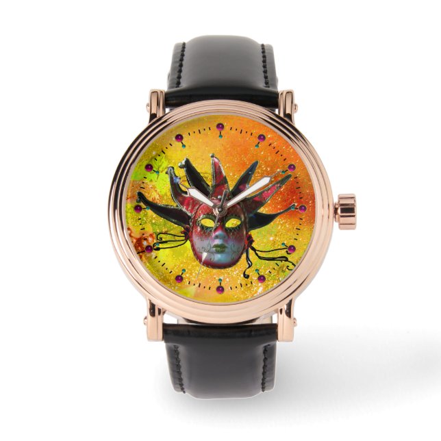 BLACK EN RED JESTER MASK Masquerade Party Yellow Horloge (Voorkant)