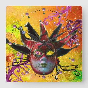 BLACK EN RED JESTER MASK Masquerade Party Yellow Vierkante Klok