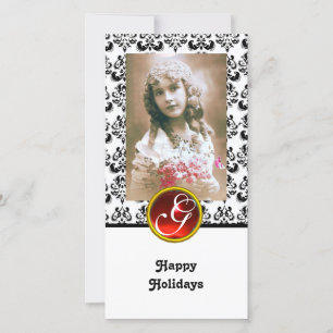 BLACK EN WITTE DAMASK Red Ruby Monogram Feestdagenkaart
