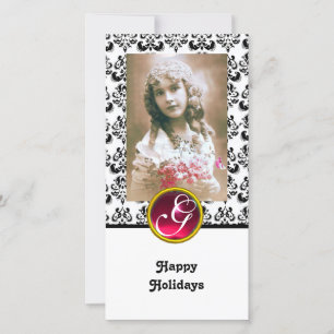 BLACK EN WITTE DAMASK Red Ruby Monogram Feestdagenkaart