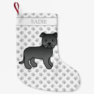 Black English Staffie Cute Cartoon Dog & Name Kleine Kerstsok