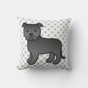 Black English Staffie Cute Cartoon Dog & Paws Kussen