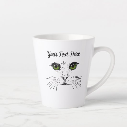 Black Etched Drawing Cat Face Green Eyes Latte Mok (Rechts)