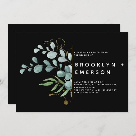 Black Eucalyptus Gold Foil Modern Wedding Kaart (Voorkant / Achterkant)