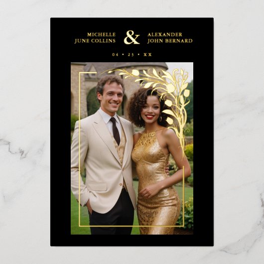 Black Exquisite Ornate Tulips Frame Photo Wedding  Folie Uitnodiging (Voorkant)