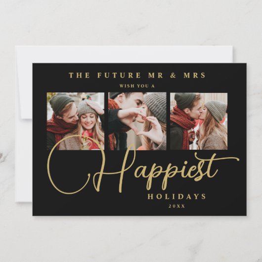 Black Exquisite Sophisticated Wedding Xmas 3Photos Save The Date (Voorkant)