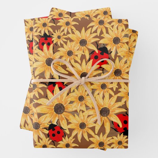 Black-Eyed Susan And Ladybugs Seamless Pattern Inpakpapier Vel (In situ)