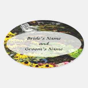 Black-Eyed Susans Bij Koi Vijver Bewaar de Datum Ovale Sticker
